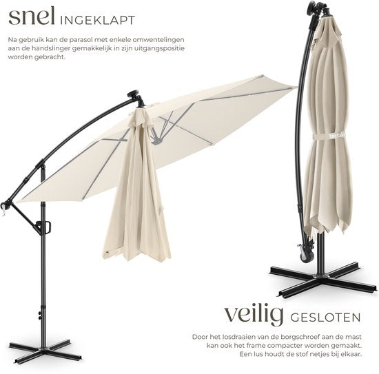 tectake® Parasol suspendu avec pied - 3,5 x 3,5 m - Parasol de jardin avec éclairage LED à énergie solaire - Orientable - Polyester hydrofuge avec protection UV - Housse incluse - Beige