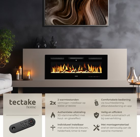 tectake® Wall Fireplace - Cheminée électrique - Atmosphere Fireplace - 106.5 x 12 x 43 cm - 900W & 1800W - Contrôlé par télécommande ou application - avec thermostat - Poêle - avec chauffage - Cheminées - Effets de bois et de lueur - Flammes 3D - Minuteur