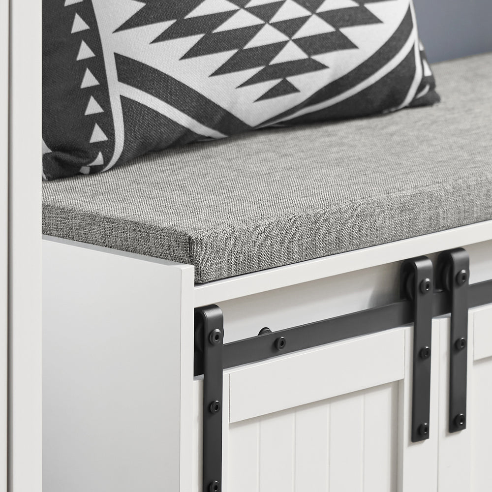 SoBuy FSR133-W Meuble à chaussures Meuble à chaussures Meuble d'entrée Meuble de rangement bas Meuble de rangement Meuble de rangement avec 1 coussin rembourré et 3 portes-fenêtres