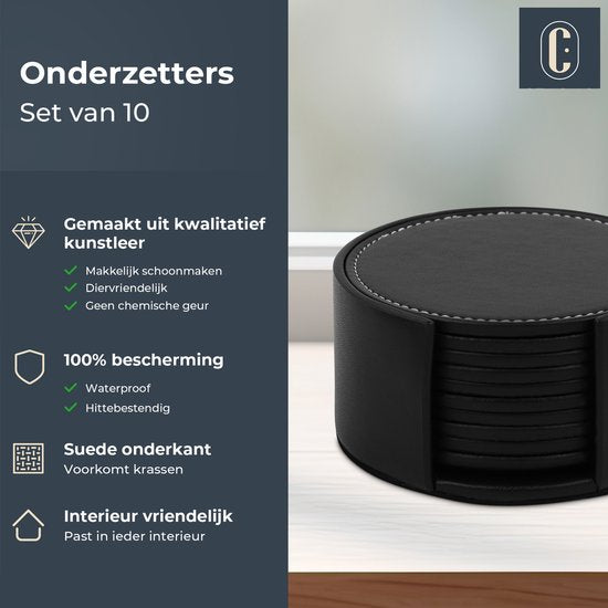 Castagnola Sous-verres en simili-cuir - Sous-verres pour verres - Sous-verres design avec support - Sous-verres en cuir - Cuir - Lot de 10 - Noir avec surpiqûres