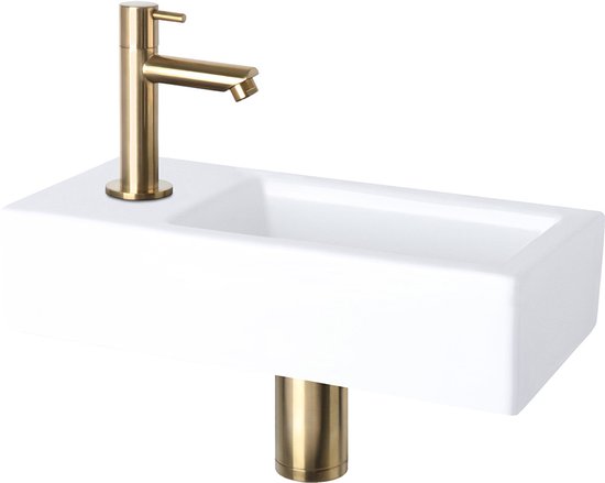 Ensemble de lavabo Differnz Helios 37,5 x 18,5 x 9 cm – Lavabo en céramique blanche – Avec robinet d'eau froide à gauche et à droite, finition or mat – Ensemble de lavabo pour salle de bains – Siphon et bouchon de vidange « Always-Open » inclus – Fixation