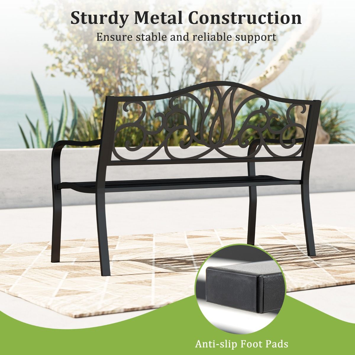 coast Garden Bench Black - dossier en fonte avec motif floral - 127 x 61 x 89 cm - Banc de terrasse 2-3 personnes avec accoudoirs