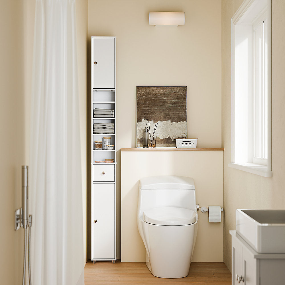SoBuy Meuble de salle de bain haut et étroit - Meuble de rangement compact avec étagères et tiroir réglables - 20x20x180 cm - Blanc