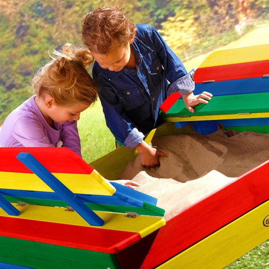 Bac à sable en bois AXI Ella aux couleurs de l'arc-en-ciel - Avec bancs et couvercle - Bois FSC - 100 x 95 x 20 cm - Bac à sable pour enfants