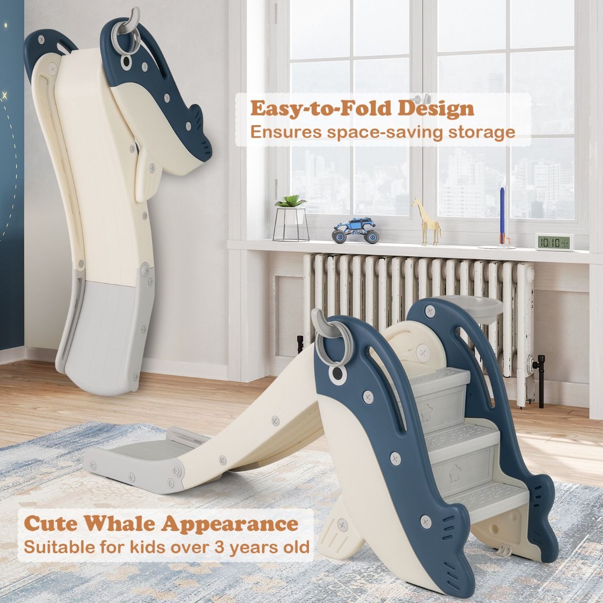 Toboggan pour enfants Coast avec panier de basket et jeu de lancer d'anneaux - Ensemble de jeu pliable - Motif baleine - Bleu