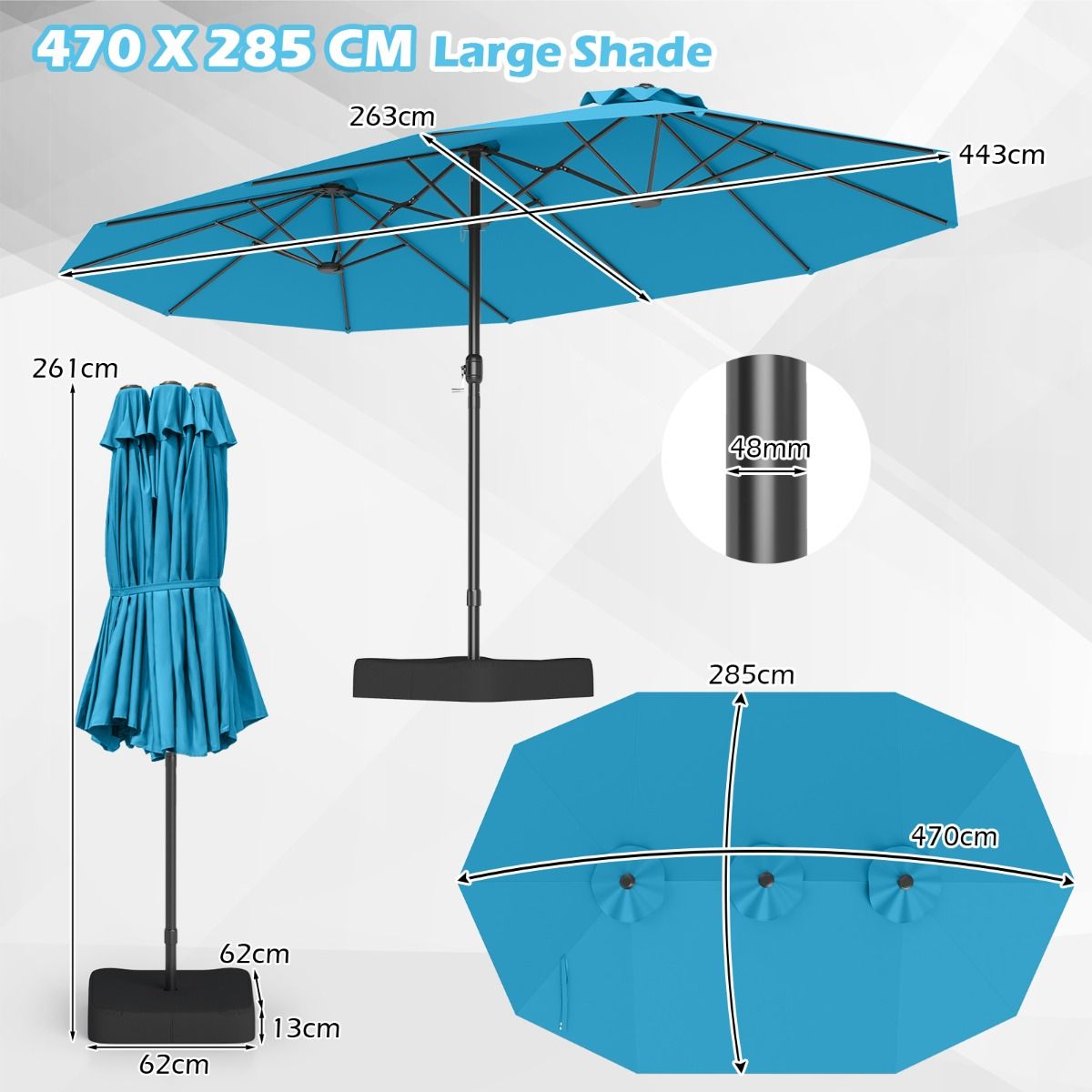 Parasol double Coast 470 x 285 x 261 cm - Turquoise - Socle lesté avec manivelle - 12 baleines robustes - Parasol rectangulaire de jardin et de terrasse