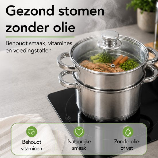 Casserole à vapeur Aviro - Couvercle en verre - 3,1 L - 20 cm - Induction et gaz - Cuiseur à vapeur 3 pièces pour riz et légumes - Acier inoxydable