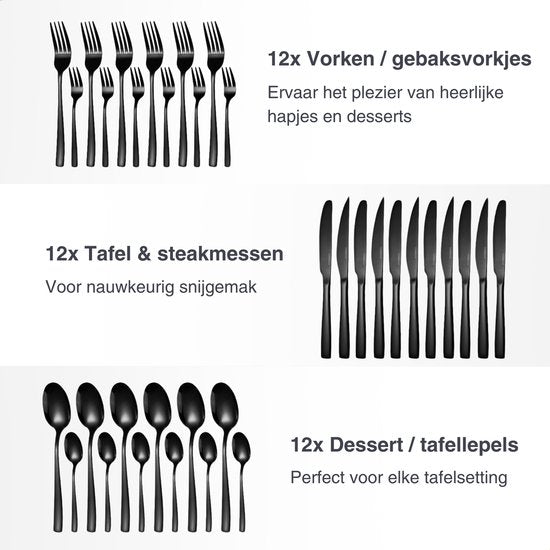 Deleca 12 Person Cutlery Set Essential (72 pieces) - Spoons, Knives, Forks, Steak Knives & Pastry Forks - Dishher Safe Cutlery - Shiny Black / Stainless Steel