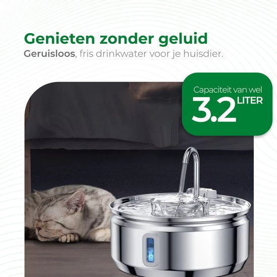 Selectedpets Abreuvoir pour chat en acier inoxydable - Abreuvoir pour chat - Filtre inclus - Capacité de 3,2L