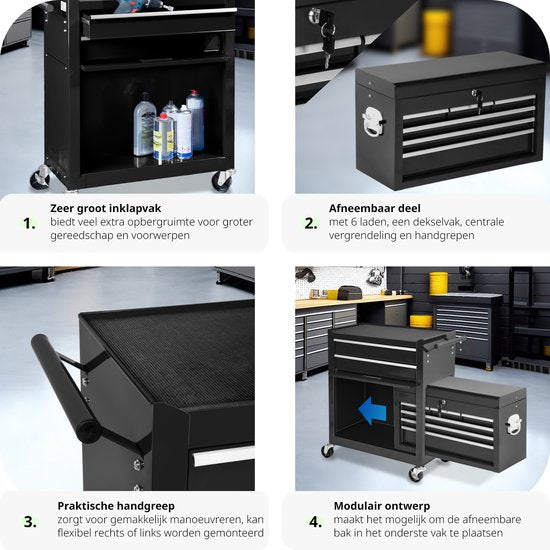 tectake® Chariot d'atelier avec support de valise - Chariot à outils verrouillable avec 10 compartiments - Établi mobile en acier - Roues avec frein - Chariot à outils vide, armoire à outils - Noir