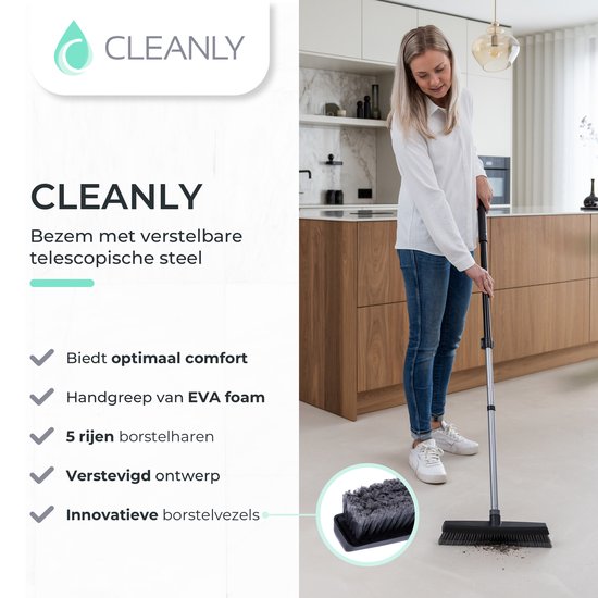 CLEANLY Balai intérieur et extérieur avec manche télescopique 115-142 cm - Brosse avec manche - Balai de rue - Balai de salle - Balai de salle - Balai doux - Balai d'intérieur - Largeur 35 cm - Noir, Gris