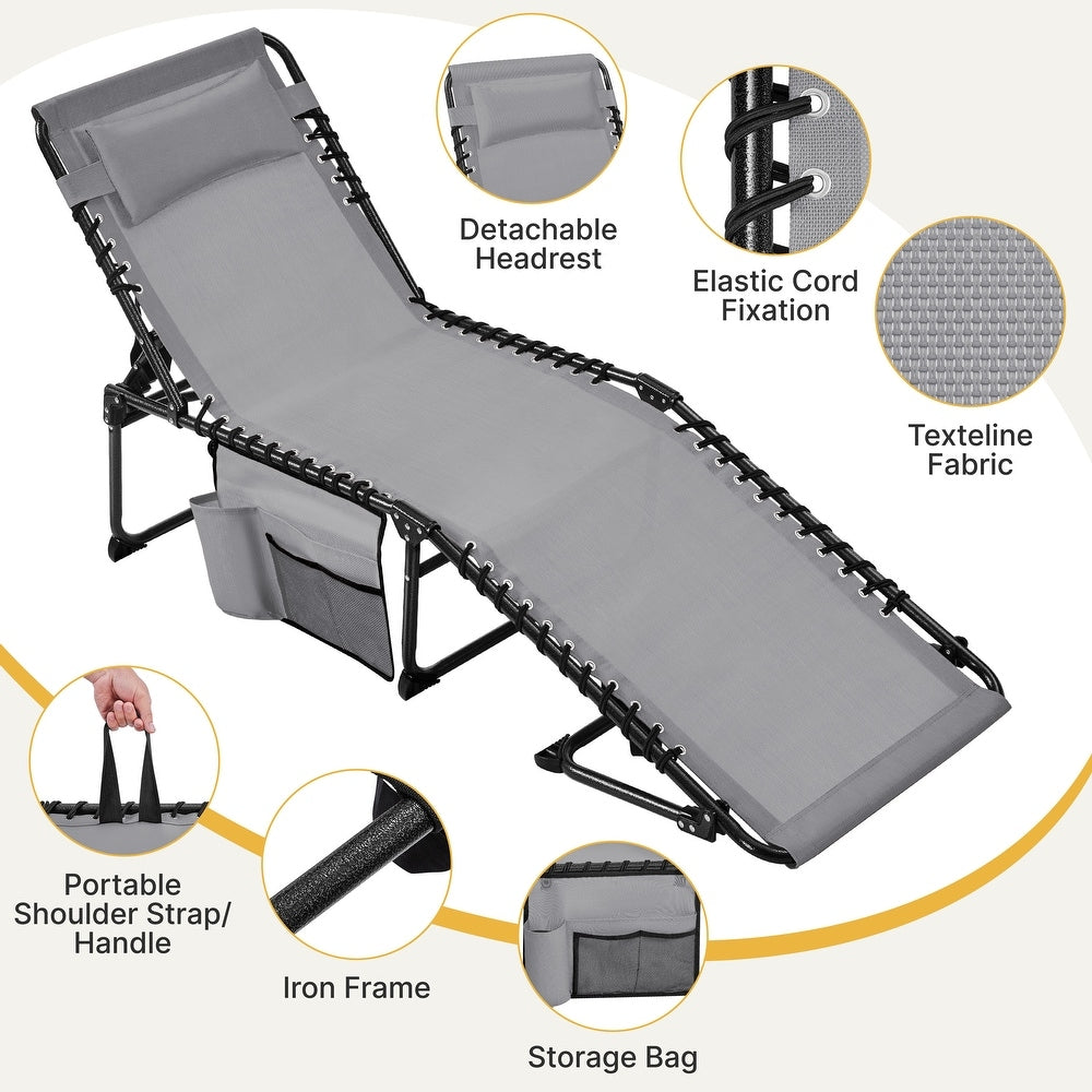 Chaise longue Yaheetech 165-189 x 57 cm - 5 positions - Pliable - Texteline - Gris/Beige