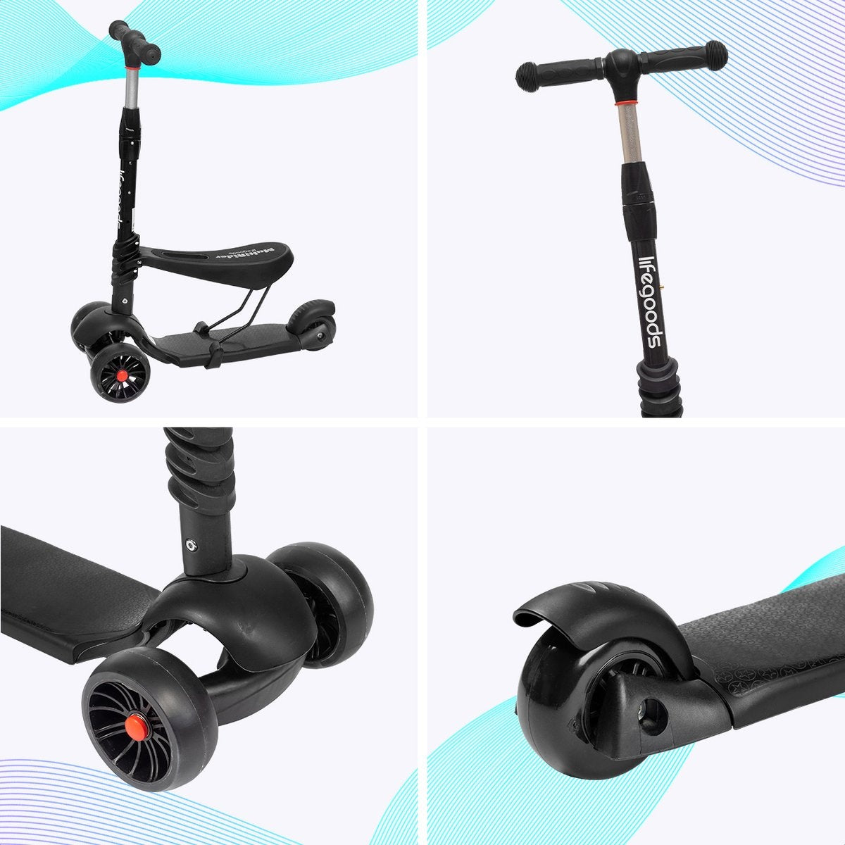 LifeGoods MultiRider Kids Scooter - Step 3-8 Years - Siège ajustable - Luminous Wheels - Boys/Girls - Black