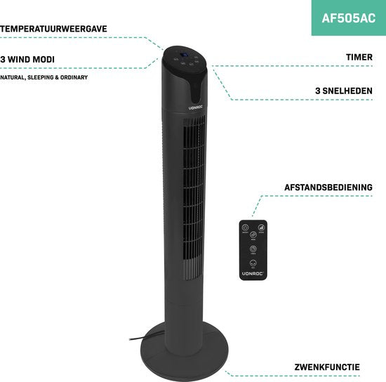 VONROC Luxury Fan - Ventilateur de tour - hauteur 110 cm - télécommande incluse - 3 vitesses - fonction swing - minuterie de 15 heures - noir