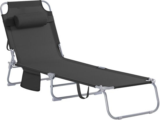 Chaise longue pliable SoBuy, chaise longue de jardin réglable avec appui-tête et sac de rangement, chaise de détente ergonomique pour l'extérieur, le jardin, le balcon et la terrasse, noire, OGS35-SCH