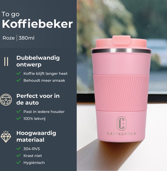 Castagnola Thermos Cup - Coffee Mug To Go - Travel Mug for Coffee and Tea - Tea Mug - 380 ML - stainless steel - Pink