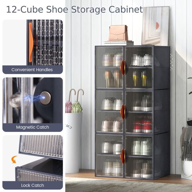 Coast Shoe Storage Box Set - Stackable & Incl. Magnetic Doors - 12 compartiments - 49 x 32 x 113 cm - Grey