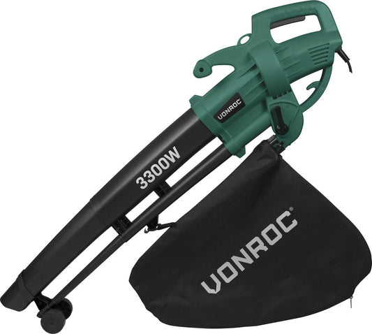 VONROC Souffleur de feuilles - Aspiration et broyage - 3300 W - Sac de ramassage de 40 litres inclus - Noir