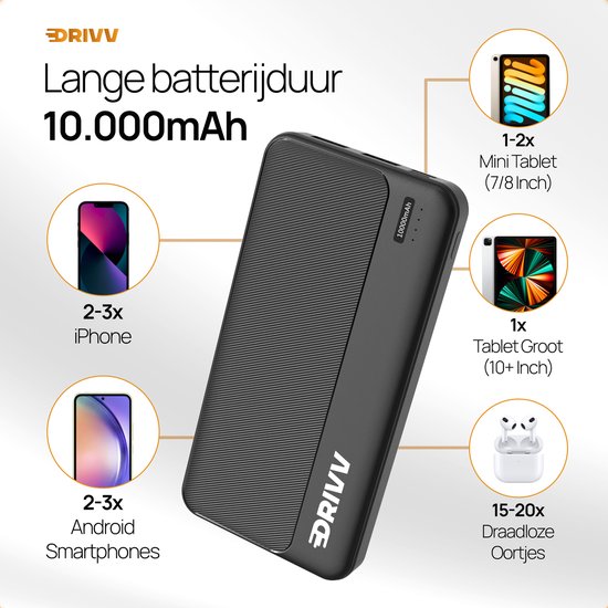 Drivv. Powerbank 10 000 mAh - Chargeur rapide 22,5W - Charge rapide USB 3.0 - USB C - Convient à Samsung / iPhone / autres - Noir