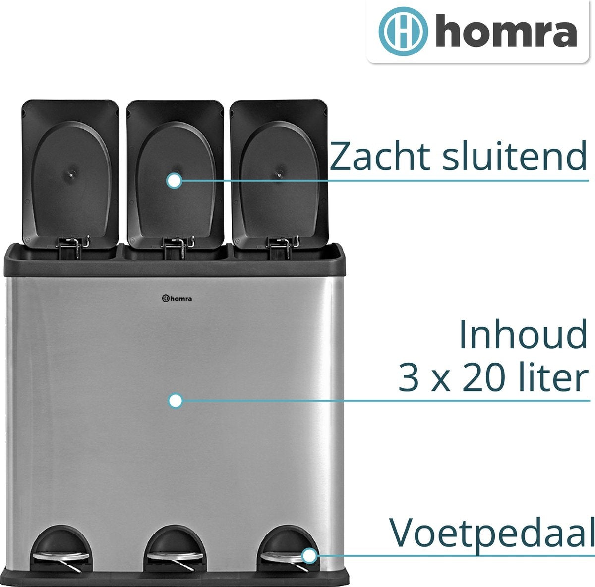 Poubelle 3 compartiments - Homra MAXER - Poubelle 60 litres (3x 20L) - acier inoxydable - Argenté
