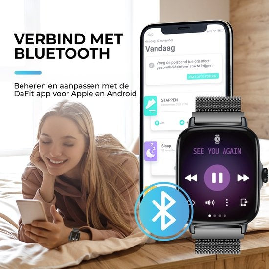 AyeWay Smartwatch - Stalen Band - Waterdicht & Touchscreen - 70 Sportmodes - Met App - Smartwatch Heren & Dames - Zwart
