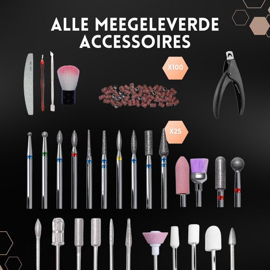Beeperfect® Lime à ongles électrique Ultimate Edition - Moulin à ongles - Ensemble manucure et pédicure - Sans fil - Comprend 25 embouts, 100 rouleaux abrasifs et 5 accessoires - Avec pédale - 35000RPM