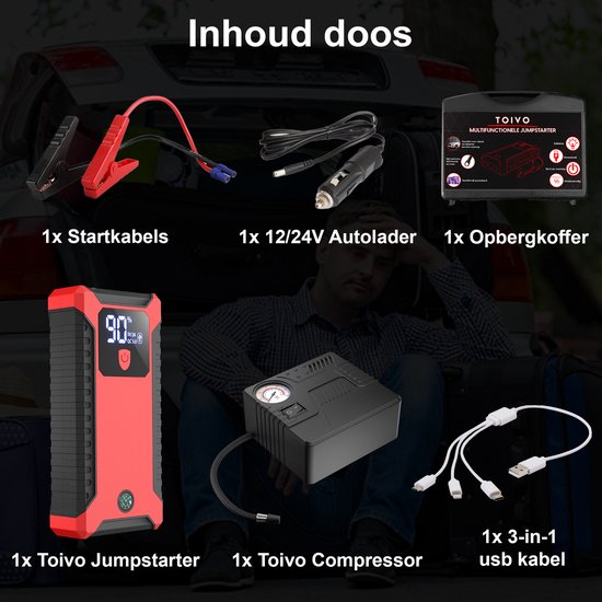 Toivo 12V Jumpstarter for Car - 1000A / 20,000 mAh - With Compressor - 4-in-1 Starting Aid with Powerbank, LED Flashlight and SOS Emergency Light - In Storage Case
