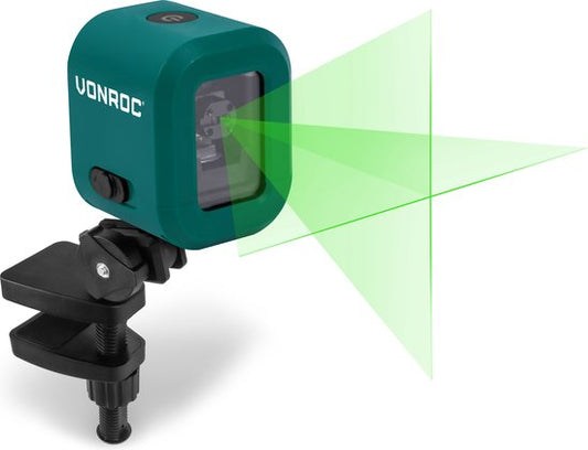 VONROC cross line laser- Vert - Batterie 4V- 1800mah - Nivellement automatique - Portée de 18 mètres - Support de montage, câble USB-C et sac de rangement inclus.