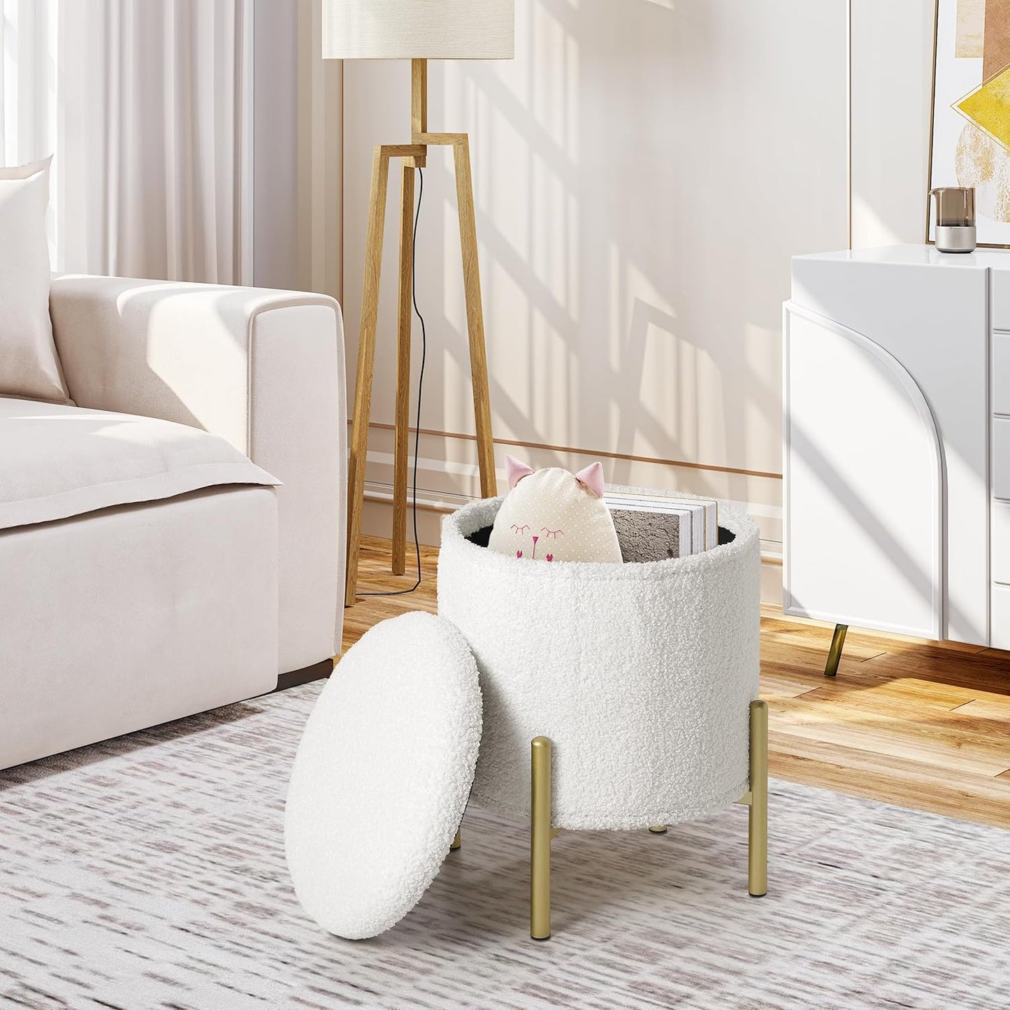 Tabouret de rangement eSituro rond - Polaire Teddy blanche - 35 x 41 cm