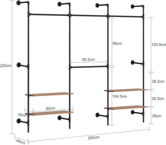 Portemanteau mural SoBuy avec 4 tringles et 4 étagères en MDF, penderie ouverte, capacité de charge de 120 kg pour chambre à coucher, 265 x 48 x 220 cm, noir industriel KLS19-SCH
