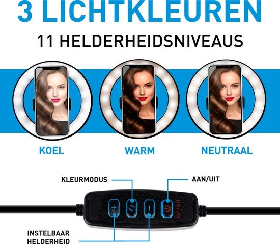 Lampe annulaire Grundig avec trépied et support de téléphone - réglable jusqu'à 210 cm - convient pour TikTok et YouTube - 3 modes d'éclairage
