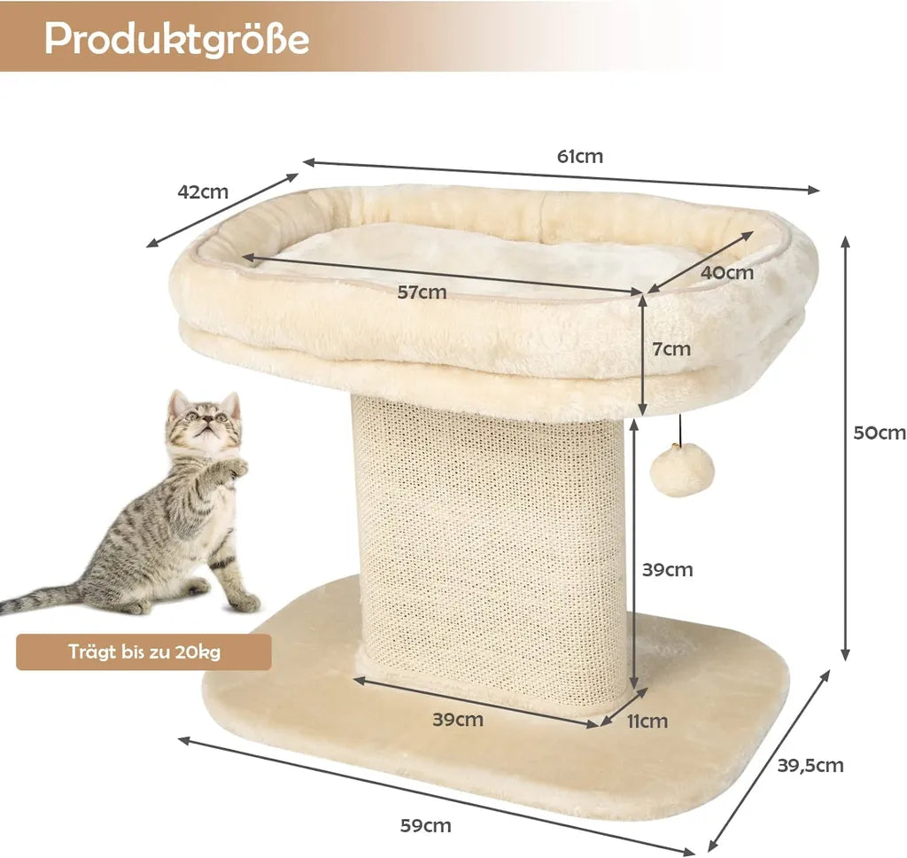 Coast Arbre à griffes moderne pour chat avec grand fauteuil en peluche et planche à griffes en sisal beige