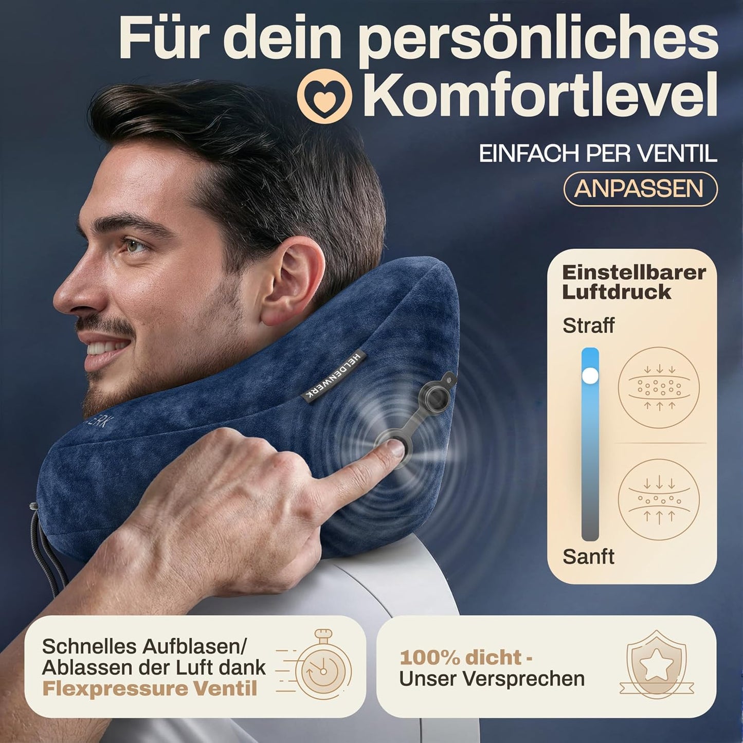 Oreiller gonflable pour la nuque Heldenwerk Premium Air - Bleu foncé - Avec capuche et bouchons d'oreille