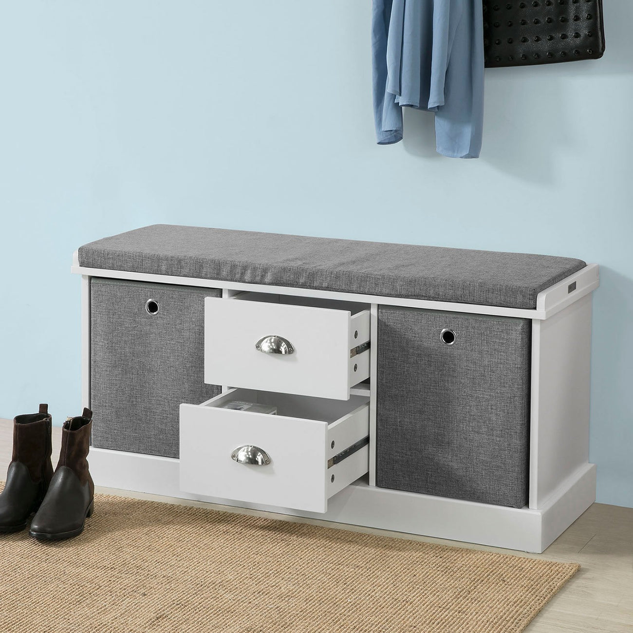 SoBuy FSR66-HG Banc à chaussures avec coussin d'assise - 4 tiroirs - 108 x 20 x 41 cm - Gris/ Anthracite
