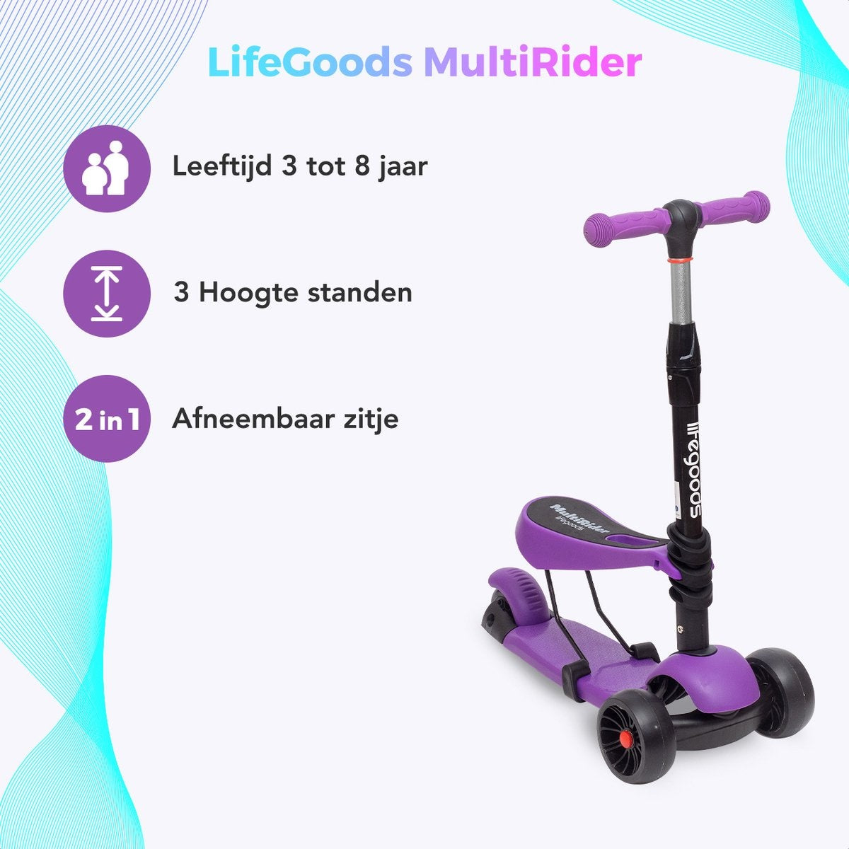 LifeGoods MultiRider Scooter pour enfants - Étape 3-8 ans - Siège réglable - Roues lumineuses - Garçons/Filles - Violet