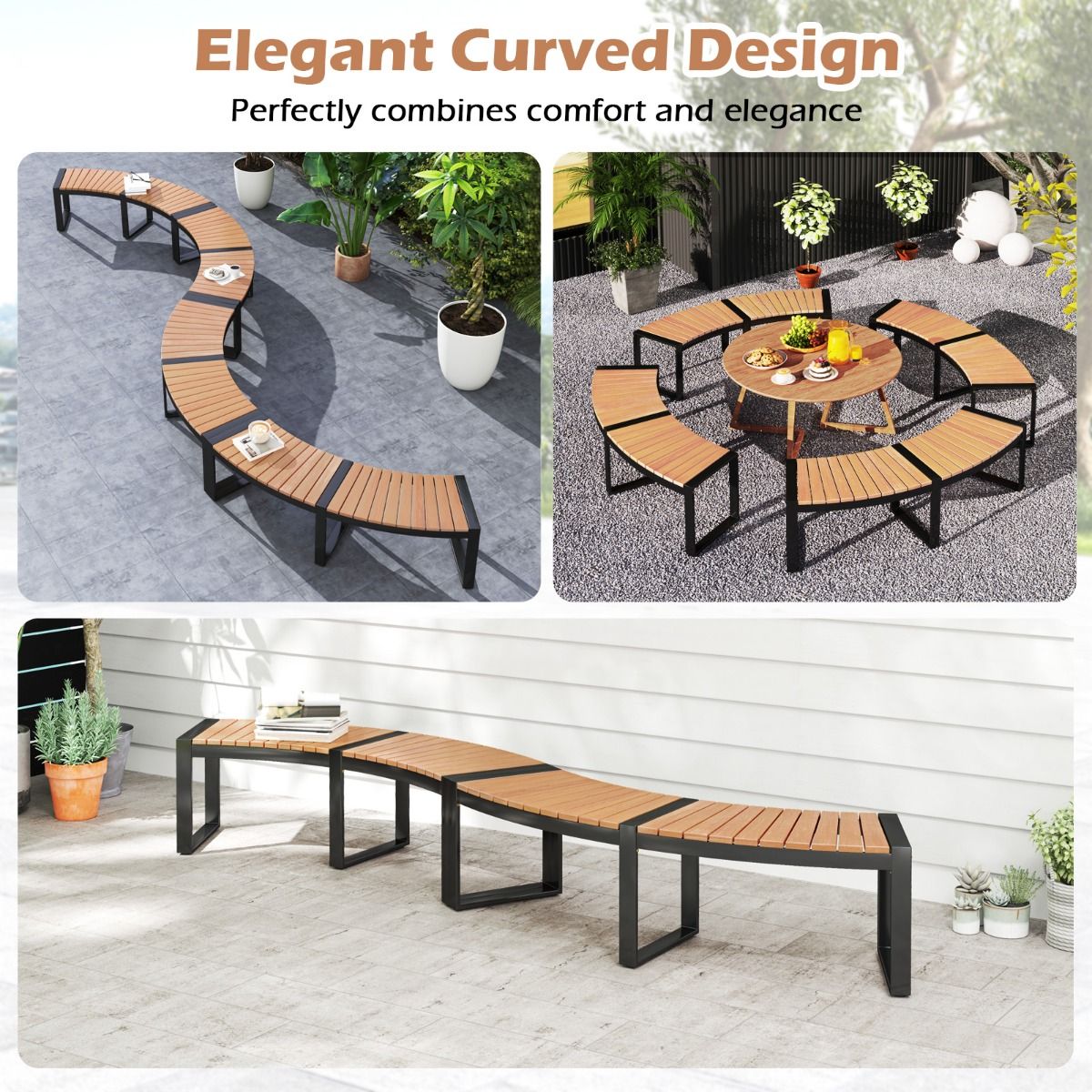 Banc de terrasse Coast en bois d'acacia courbé - Banc pour 2 personnes - 146 x 58 x 45 cm - Jaune/Noir