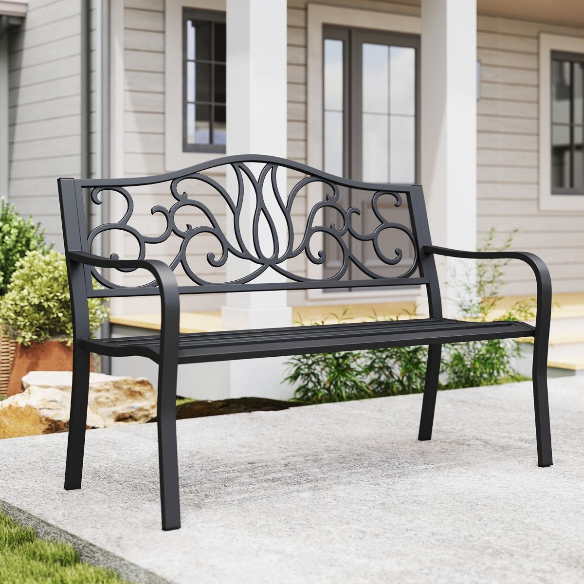 coast Garden Bench Black - dossier en fonte avec motif floral - 127 x 61 x 89 cm - Banc de terrasse 2-3 personnes avec accoudoirs