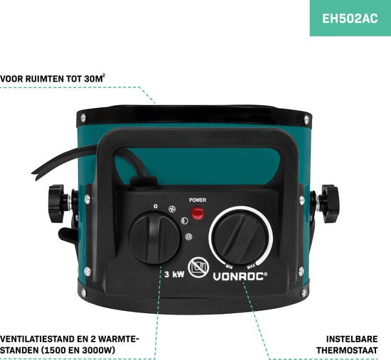 VONROC Chauffage électrique - chauffage radiant - 3000W - 3 réglages - élément en céramique - pour les pièces jusqu'à 30 m2