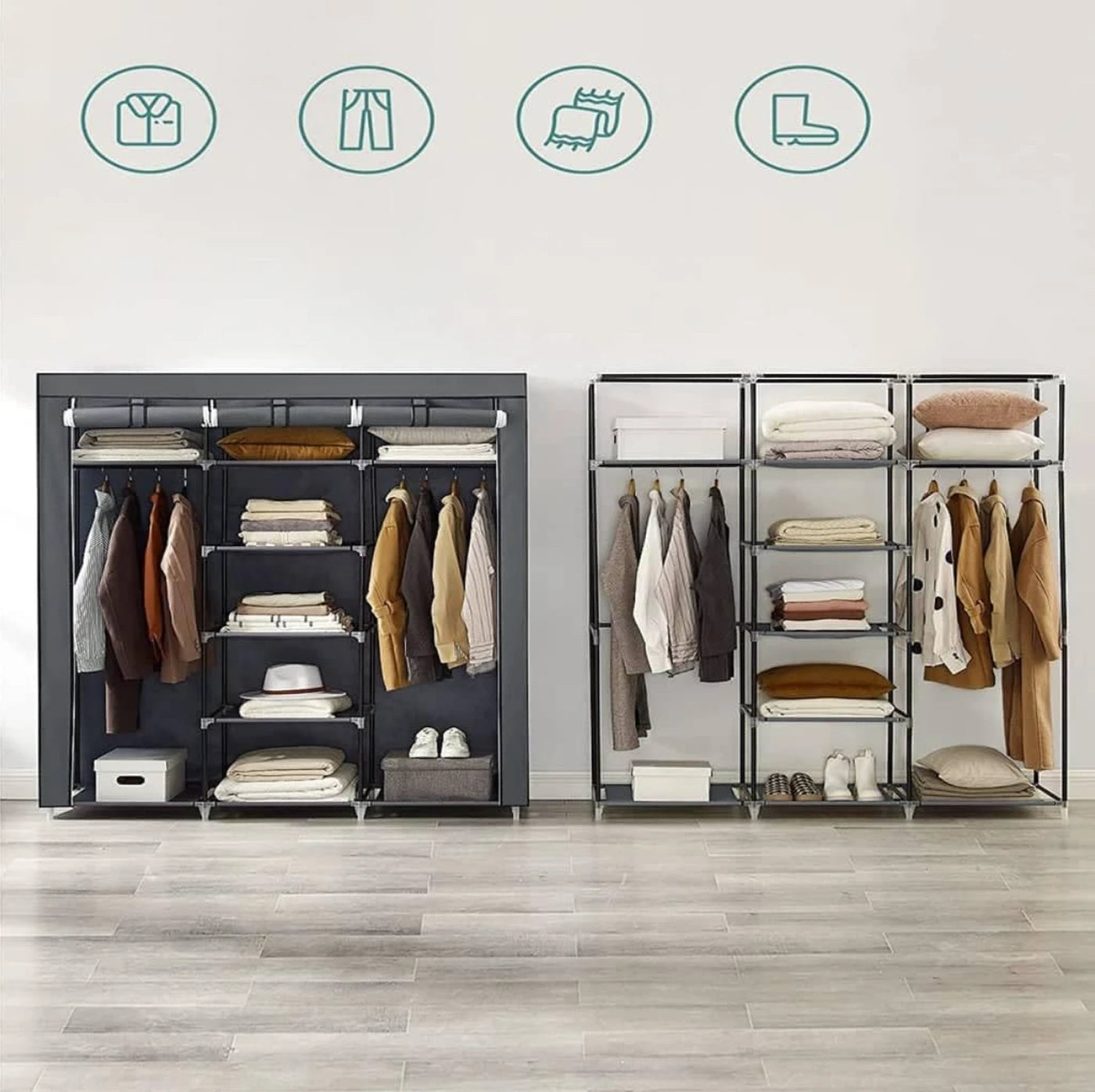 Armoire à linge 150 x 175 x 45 cm - Grise - 2 tringles à vêtements - Étagères - Pliable