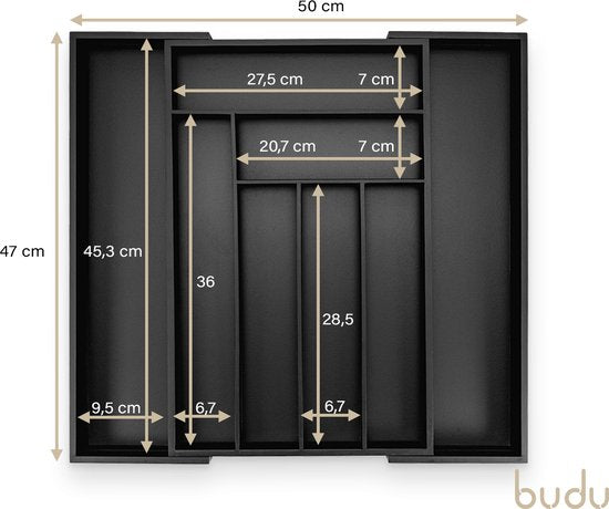 Budu Range-couverts extensible en bambou #47 (47 cm de profondeur) - Noir - Cassette à couverts en bois - Tiroir à couverts - 47 x 30.6 - 50 cm - 6/8 compartiments