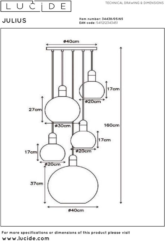 Lucide JULIUS - Suspension - 5xE27 - Fumé