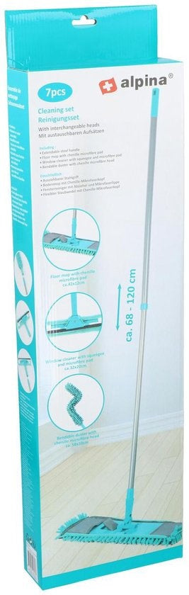 Kit de nettoyage Alpina - 7 pièces - Microfibre - Serpillère - Raclette à vitres - Racleur - Manche télescopique - Balai pliable