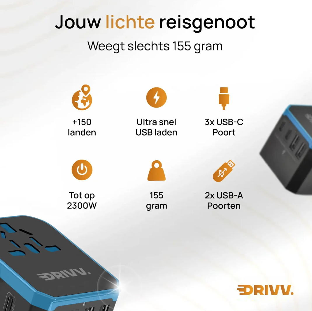 Drivv - Adaptateur universel USB-C - 6 ports - 2 300 W - Compatible avec plus de 150 pays