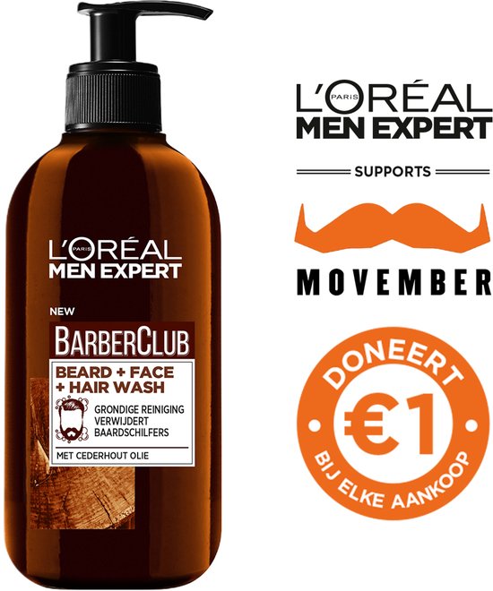 L'Oréal Paris Men Expert BarberClub Nettoyant visage 3-en-1 - 200 ml - Nettoyant pour la barbe, le visage et les cheveux