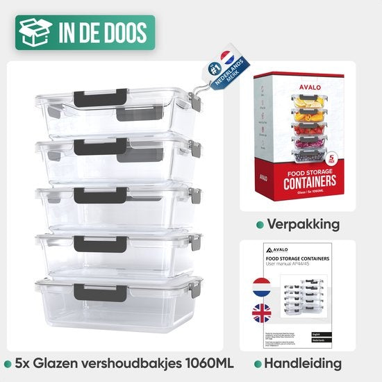Avalo Plateaux de conservation en verre - Plateaux de préparation de repas - Plateaux de congélation - Avec couvercle - 5 pièces 1060ml