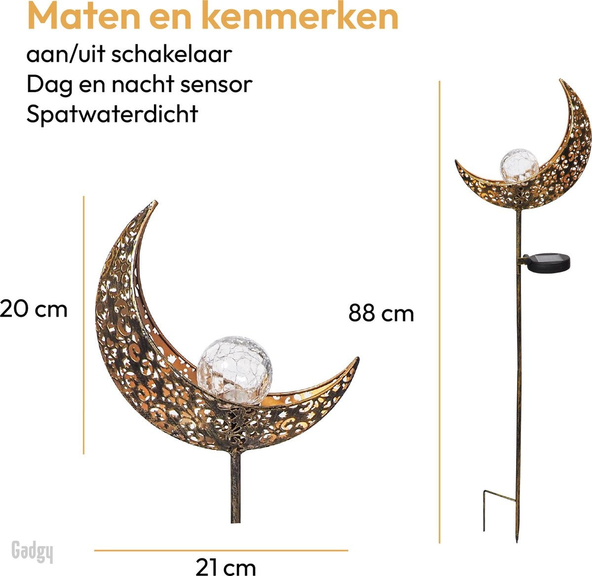 Gadgy Solar Tuinverlichting - Maan Lamp met grondspies - Tuinverlichting op zonneenergie Buiten - Set van 2 st. - Led Buitenverlichting met Sensor - Tuinlantaarn - Tuinfakkel 88 cm hoog - Tuinsteker - Brons - Metaal