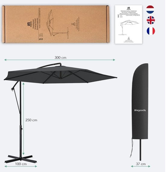 LifeGoods Parasol flottant - jusqu'à 8 personnes - Ø300cm - imperméable - avec housse et base en croix - jardin ou plage - Gris foncé