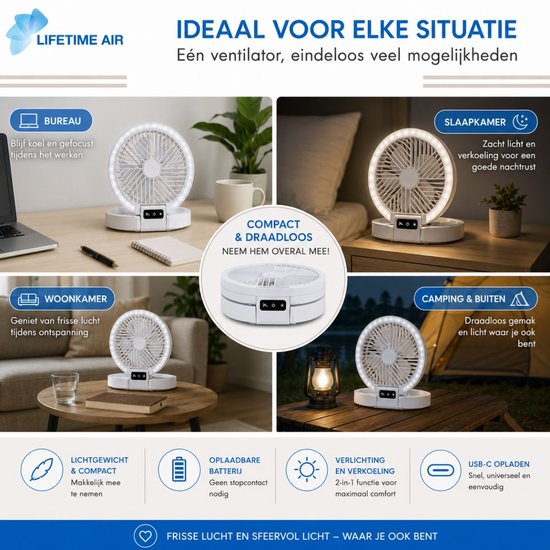 Ventilateur de table rechargeable Lifetime Air - Mini ventilateur USB 1 200 mAh - 5 vitesses et écran LED - 21 x 20,5 x 23 cm - Blanc