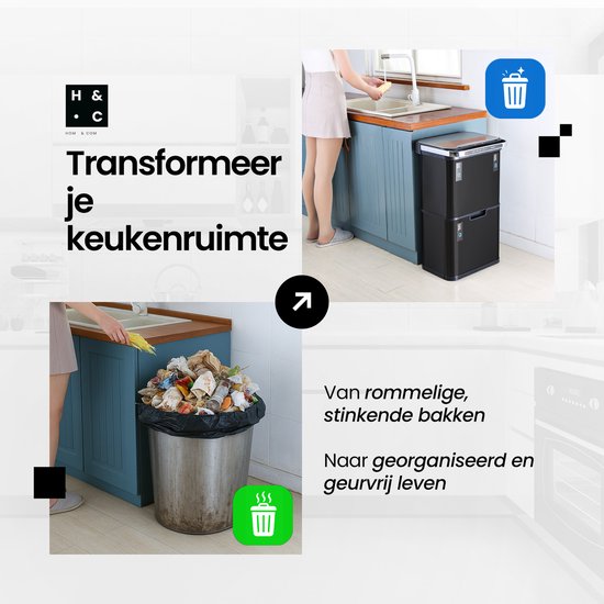Poubelle Hom&Com à 3 compartiments, 60 L, noire – Poubelle automatique à capteur – Couvercle à fermeture douce, fonction ozone et filtre anti-odeurs pour le tri sélectif des déchets