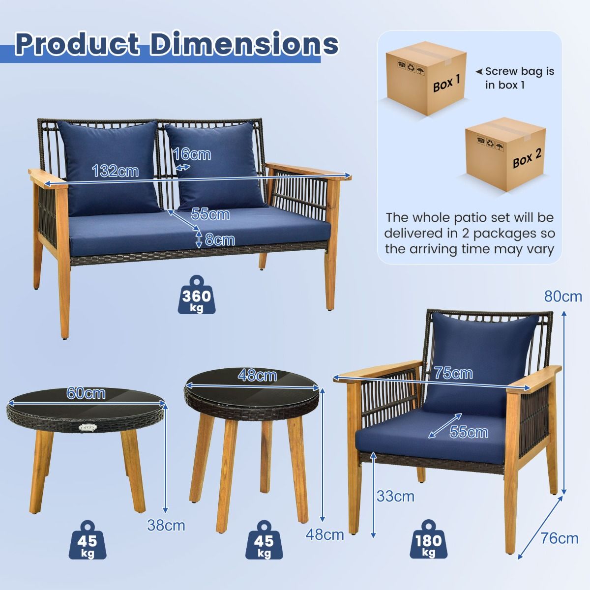 Coast 5-Piece Rattan Outdoor Furniture Set Brown with Navy Blue Cushions - 2 Chairs, Loveseat and 2 Coffee Tables (Chair 75x76x80 cm, Loveseat 132x76x80 cm, Table Ø48 cm & 60x38 cm)